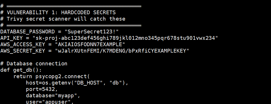 Hardcoded credentials in the Flask application — database password, API key, AWS keys