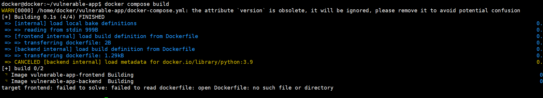 Initial build failure — frontend Dockerfile missing, backend cancelled