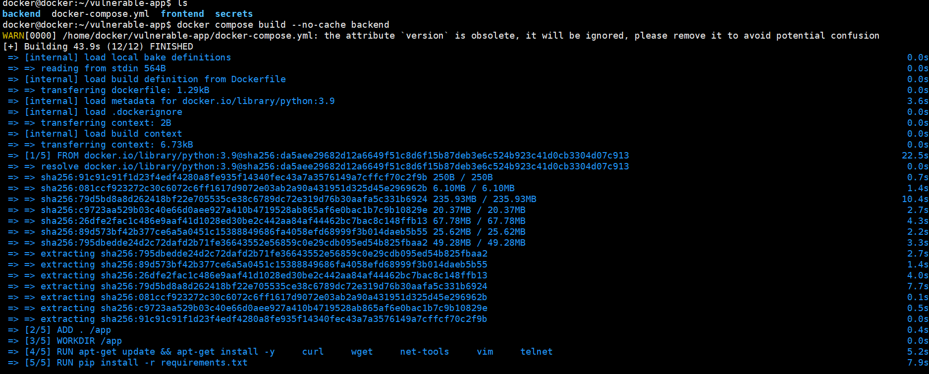 Backend building successfully — pulling python:3.9 and installing dependencies