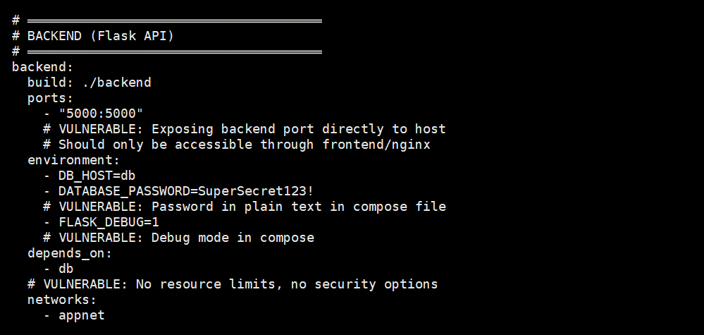 Vulnerable docker-compose.yml — exposed ports, plain text passwords, debug mode
