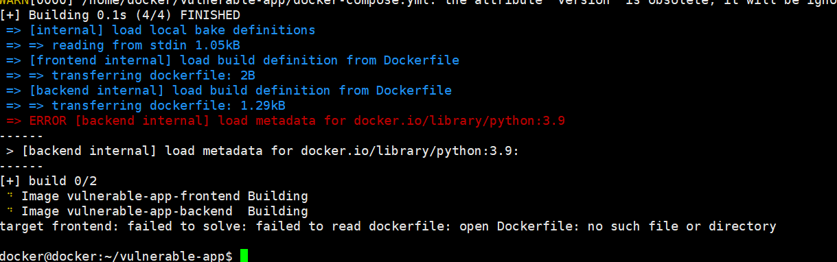 Another build attempt — backend error pulling python:3.9 metadata