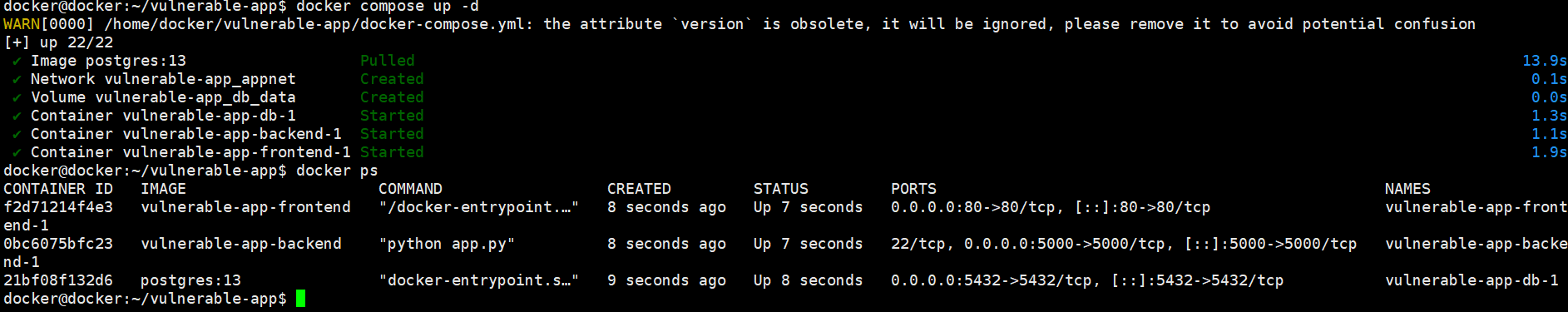 All three containers finally running — frontend, backend, database