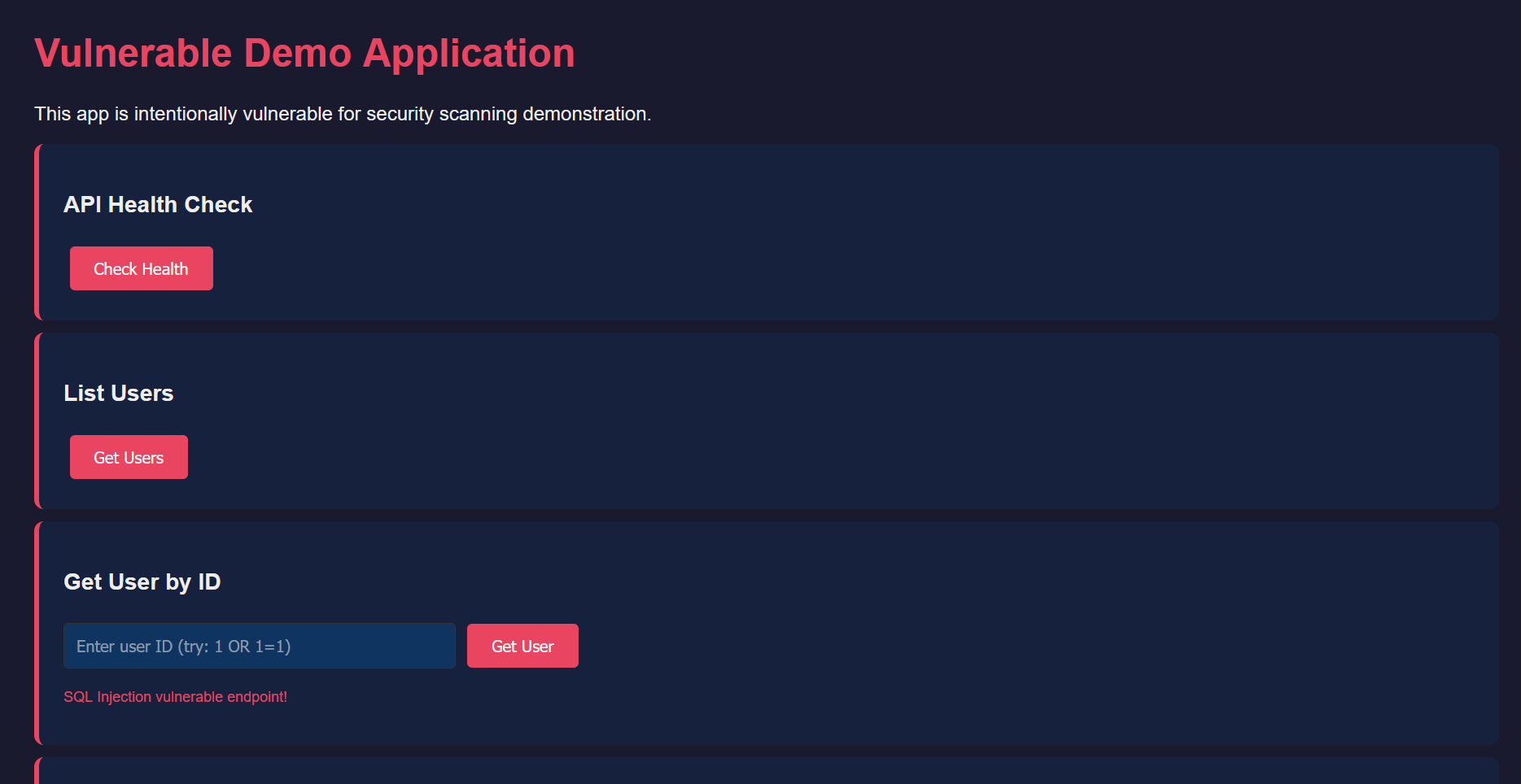 The web application dashboard — health check, user listing, SQL injection, command injection