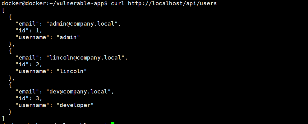 User data returned from the API — full stack working