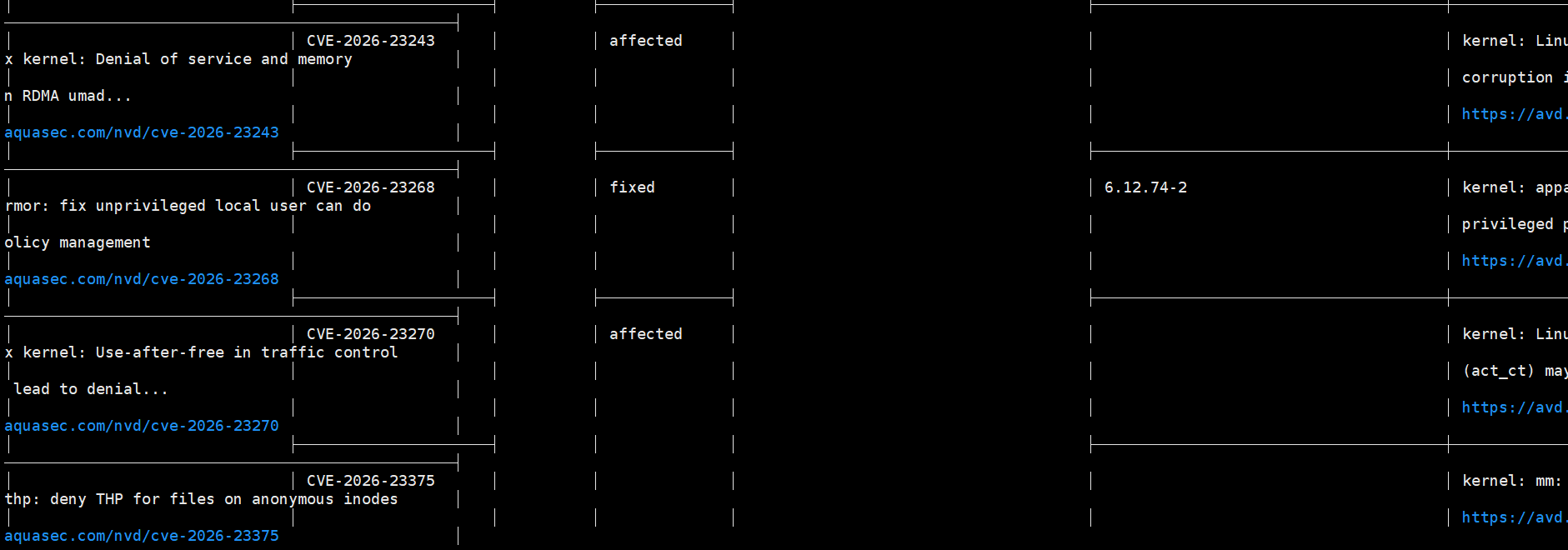 Trivy scanning the backend image — kernel CVEs with affected and fixed status