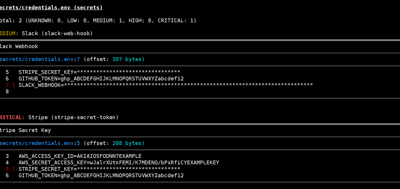 Trivy filesystem secret scan — Report Summary showing 2 secrets in credentials.env