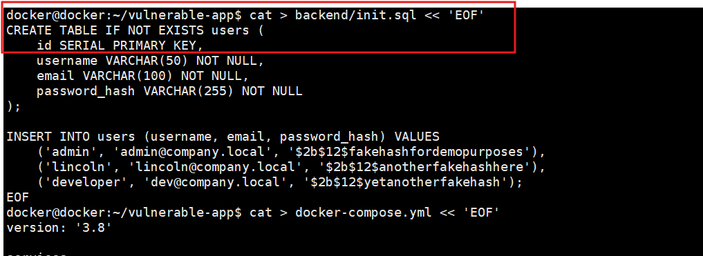Database initialisation script — creating users table and inserting test data
