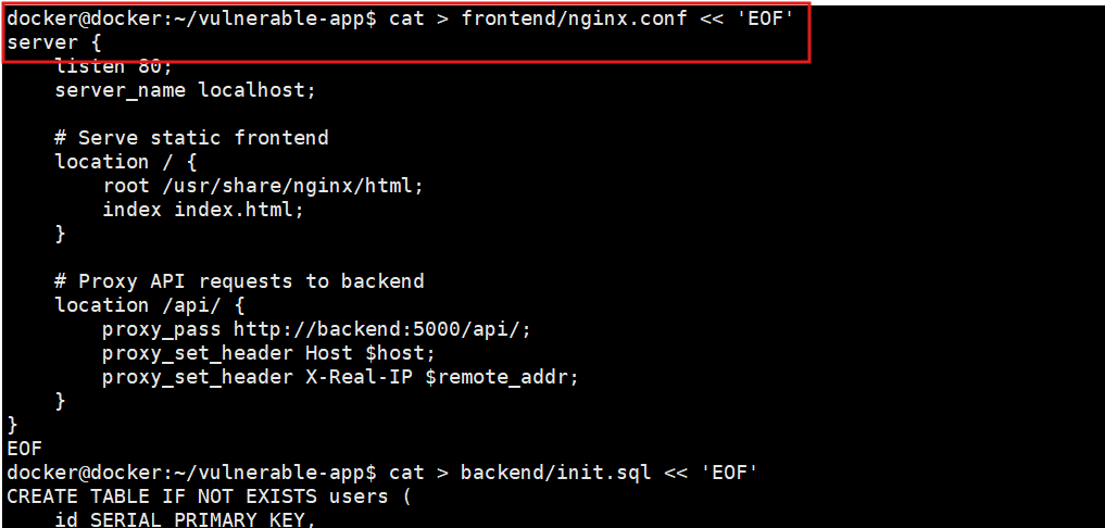 nginx configuration — serving static HTML and proxying API requests to backend